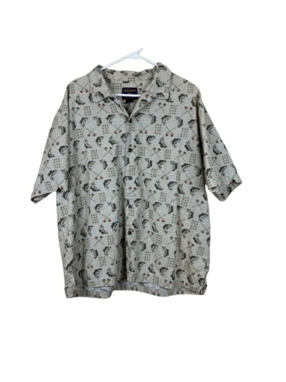 Vintage Woolrich Fishing Shirt XL Tan Novelty Print Gorpcore Outdoors Retro
